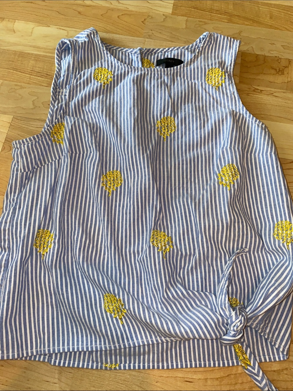 J. Crew Blue and White Striped Sleeveless Top with Yellow Embroidery